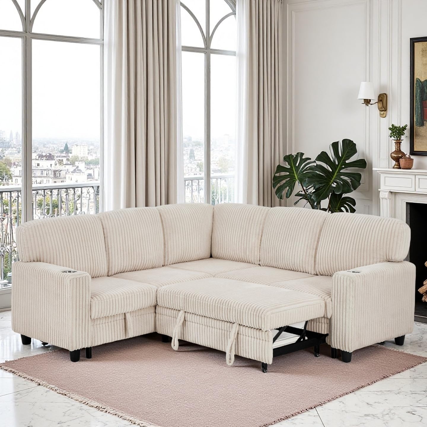 Couch, L-Shaped Sleeper Sofa with Storage, Sectional Couches for Living Room, 5-Seat Couch with Pull Out Bed, Convertible Sofa with USB Charging, for Living Room, Apartment, Beige