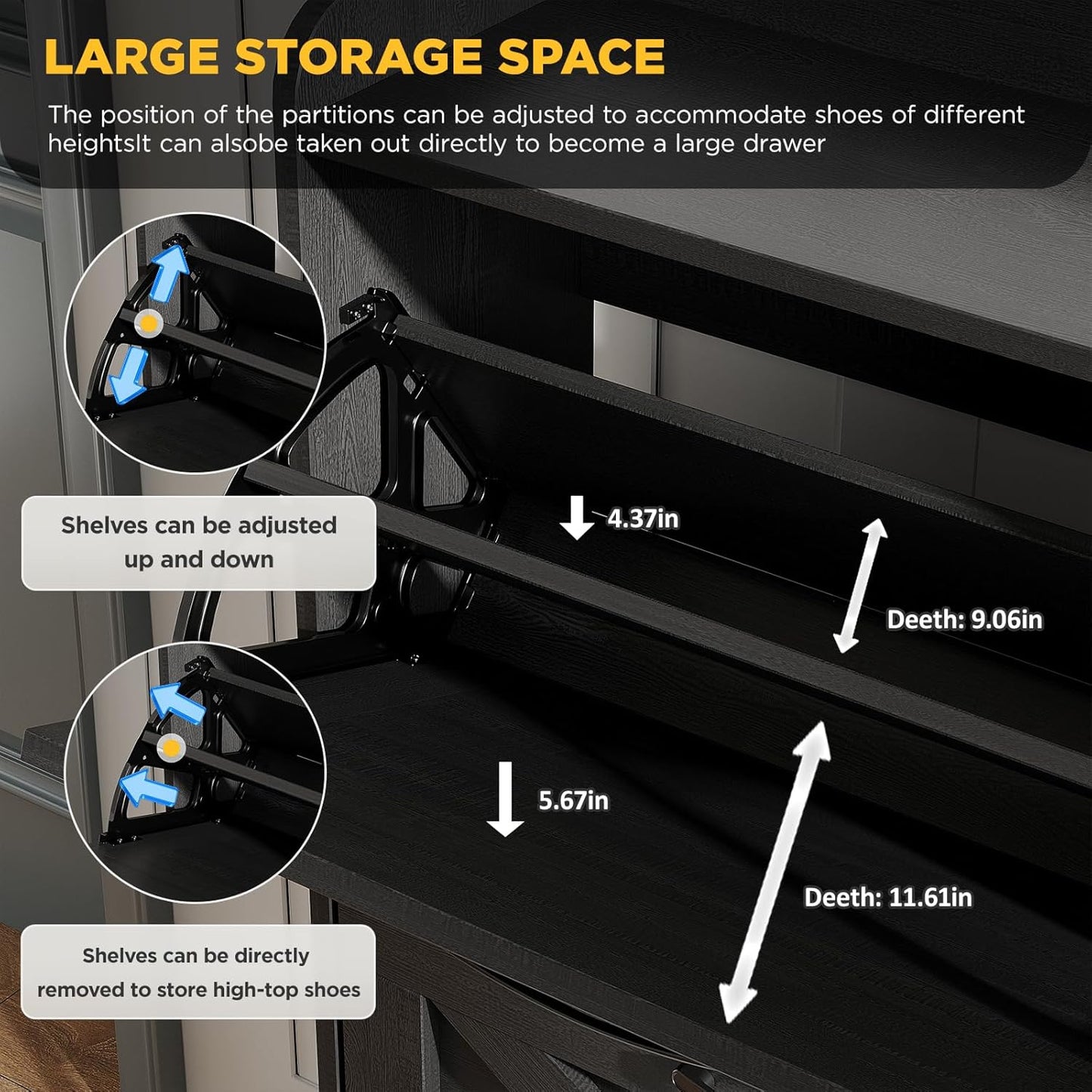 Maupvit Large Shoe Storage Cabinet with 4 Flip Drawers, Narrow Shoe Cabinet for Entryway with Wooden Legs, Freestanding Hidden Shoe Rack Organizer ＆ Metal Hinges, Black