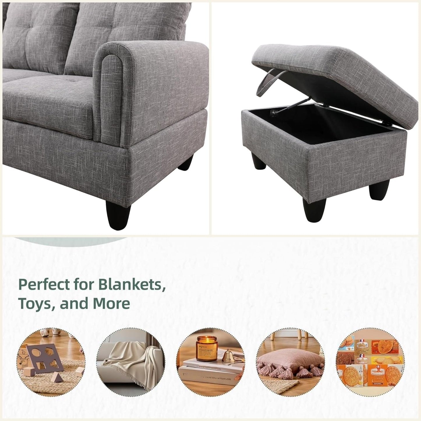 L Shaped Sectional Couches for Living Room, Modern Modular Sectional Sofa with Ottoman Storage, Comfy L Shaped Couch with Chaise for Bedroom Apartment Furniture, Gray