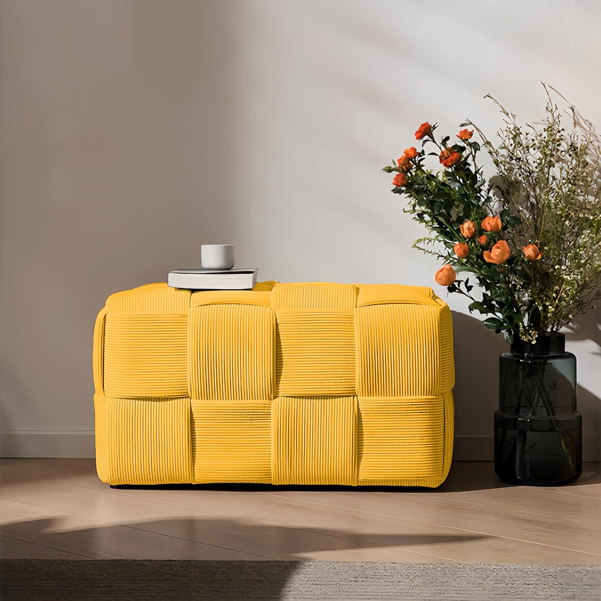 Ottoman Foot Rest Soft and Comfortable Ottoman Square Corduroy Woven Design Sofa Stool (Yellow-L)