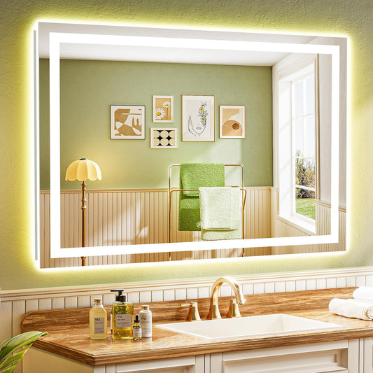 51x40 Inch LED Bathroom Mirror with Lights Front and Backlit Lighted Vanity Mirror for Bathroom Wall with 3 Colors Dimmable Anti-Fog Memory Shatter-Proof IP54 Waterproof Horizontal/Vertical