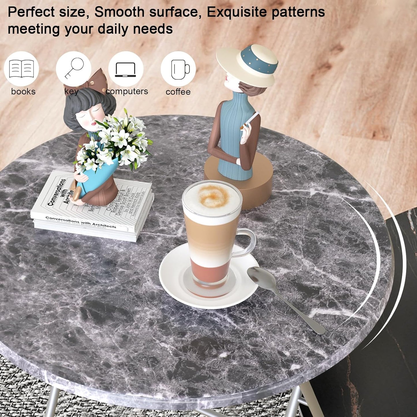 Round Folding TV Tray/TV Trays Dinner Snack Trays Table,Portable Foldable Table Small Sofa Bedside Tables with Light Weight, 17.5 x 17.5 x 26 in(Black Marble)