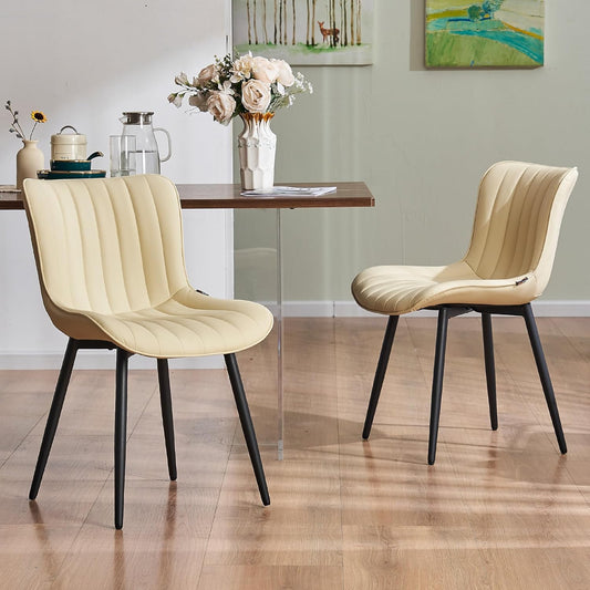 YOUNUOKE Mid-Century Modern Dining Chairs Set of 2, Beige PU Leather Upholstered Kitchen Chairs with Black Metal Legs, Armless Accent Chair for Dining Room, Guest Reception Room