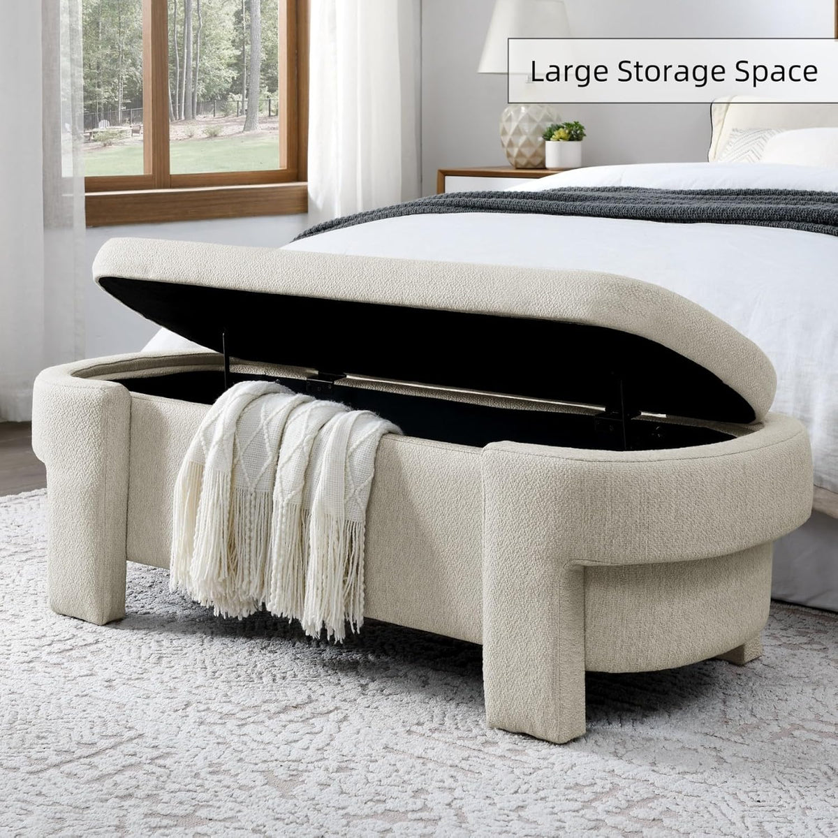 KEIKI 51" Linen Ottoman Bench with Large Storage Space, Upholstered Seating Foot Rest Stool Furniture for Bedroom, Living Room, Entryway, Beige