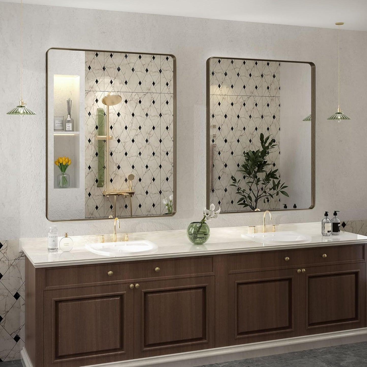 26x36 Inch Bronze Framed Mirror, Brushed Bronze Metal Bathroom Vanity Mirror for Wall, Modern Rectangle Mirror, Rounded Corner, Anti-Rust (Horizontal/Vertical)