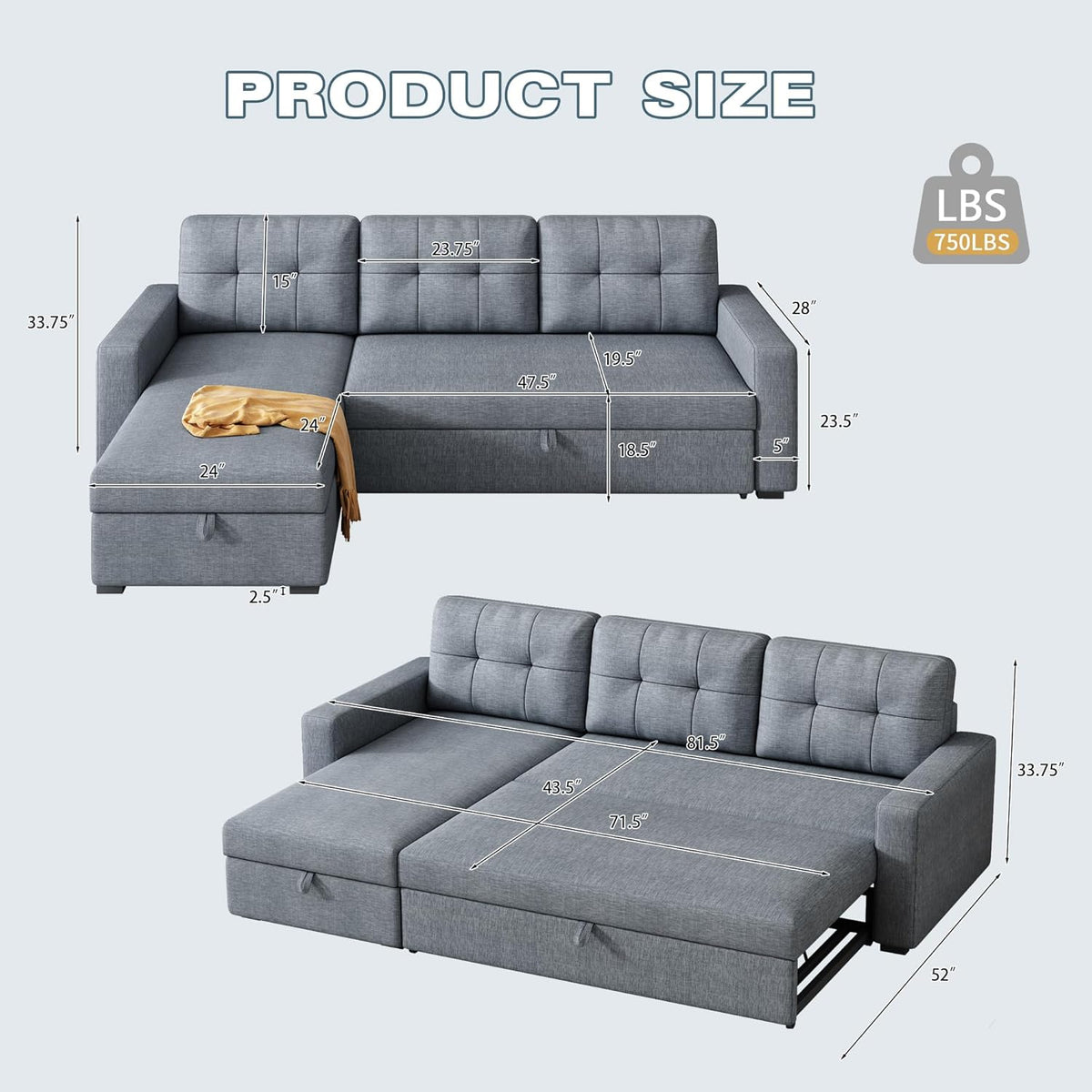 Ball & Cast L-Shape Reversible Sectional Sleeper Sofa Bed,Linen Upholstered 4 in 1 Pull Out Couch with Storage Chaise & Removable Back Cushions,Convertible Corner Sectionals for Living Room,Office