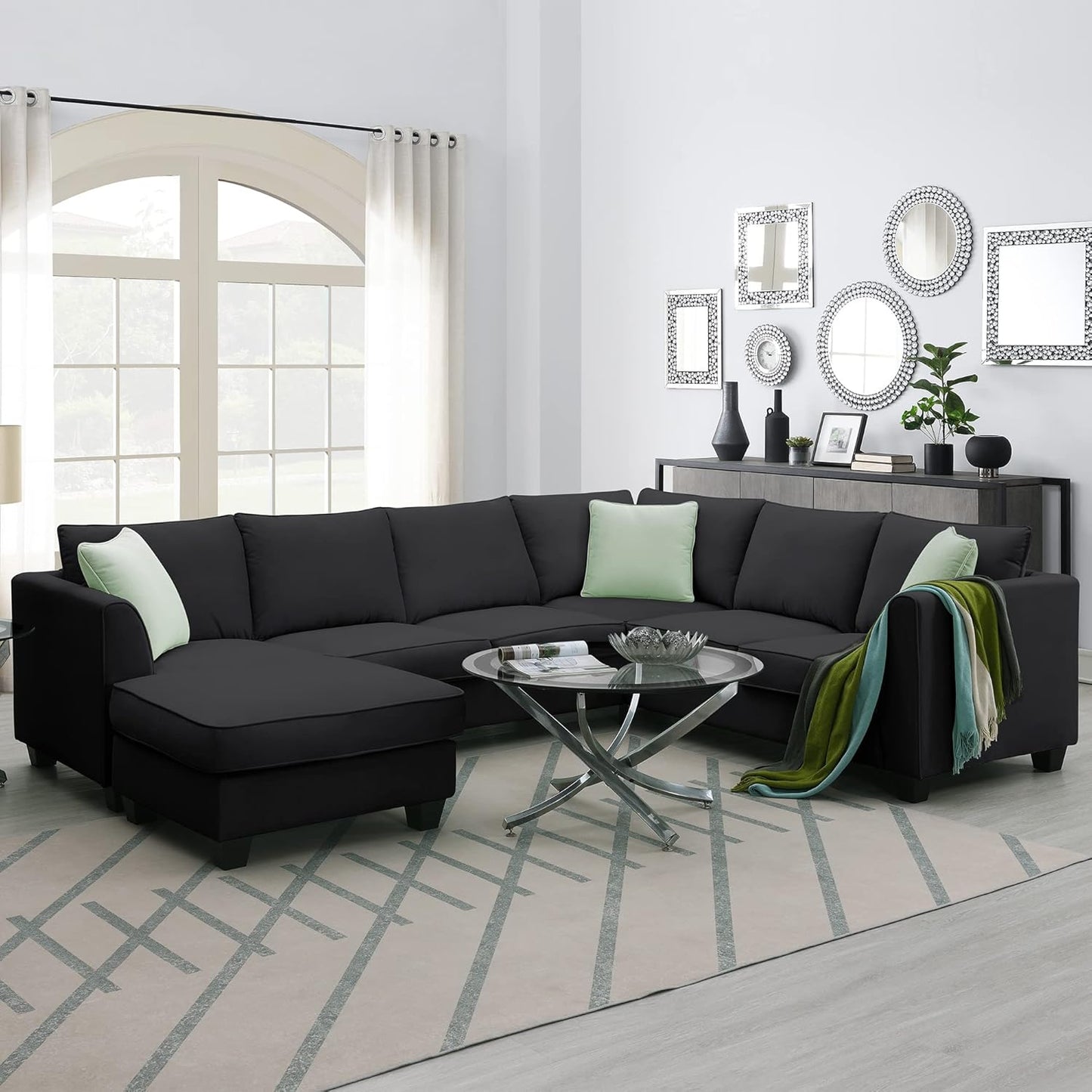 112" Upholstered Sectional Sofa Sets with Removable Ottoman, 7- Seater Modular Corner Couch with 3 Pillows for Livingroom, Office,Black