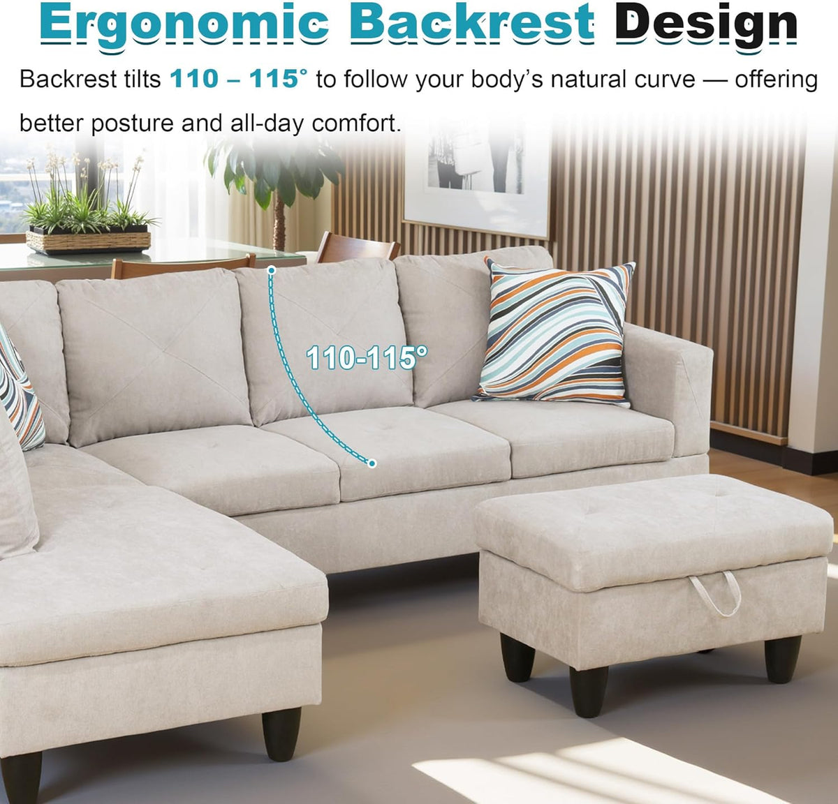 97" Oversized Sectional Couch, L Shaped Couch with Storage Ottoman, Modern Modular Sofa with Deep Seat, Sectional Couches for Living Room and Office, Off-White (Flannelette)