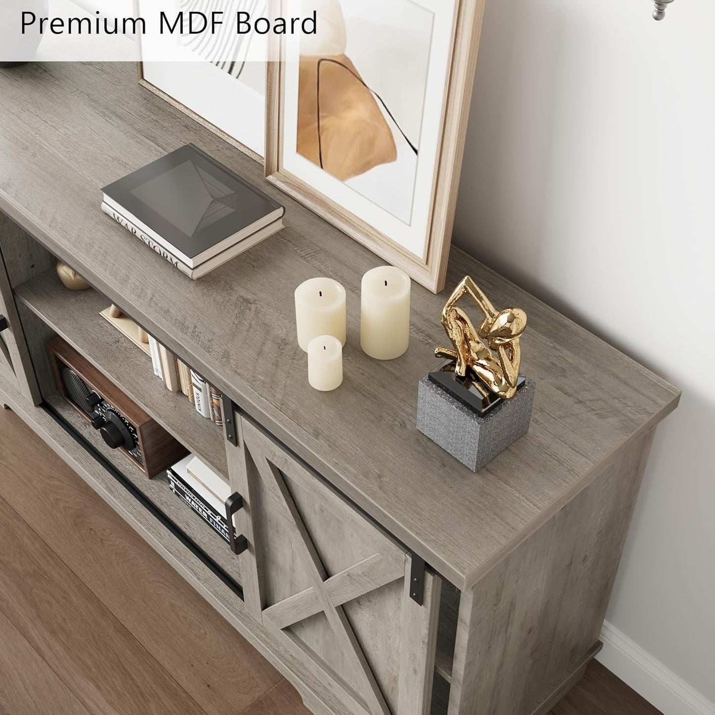 GarveeHome Farmhouse Tv Stand for 65 Inches TVs, Entertainment Center with Sliding Barn Doors and Adjustable Shelf, Modern Media TV Console TV Stand Table for Living Room, Bedroom, Grey