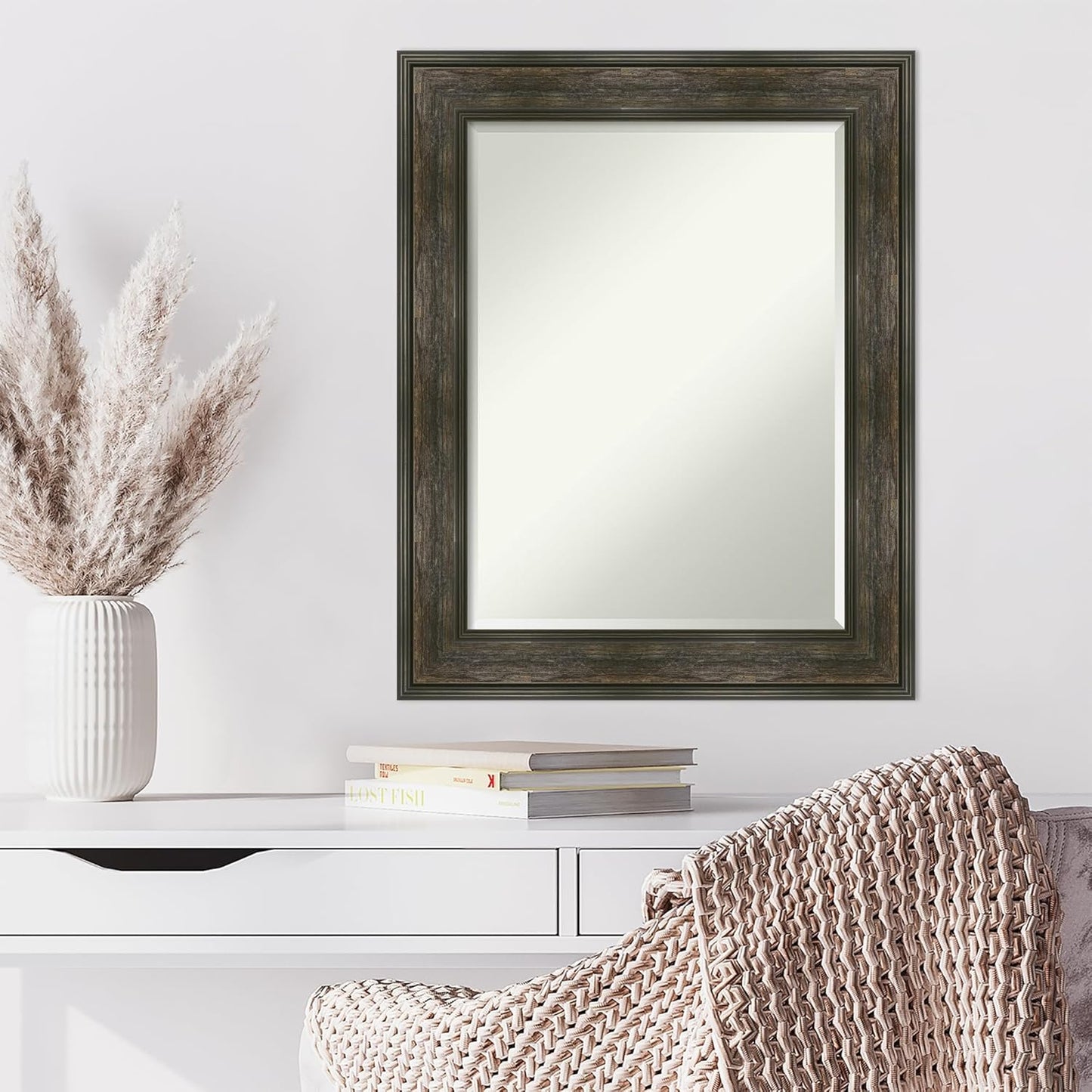 Amanti Art Brown Wall Mirror 30x24 Rail Rustic Char Rectangle Bathroom Mirror for Wall Decor Living Room, Medium Rustic Farmhouse Frame, Hangs Horizonally and Vertically, Bathroom Decor, Beveled Edge
