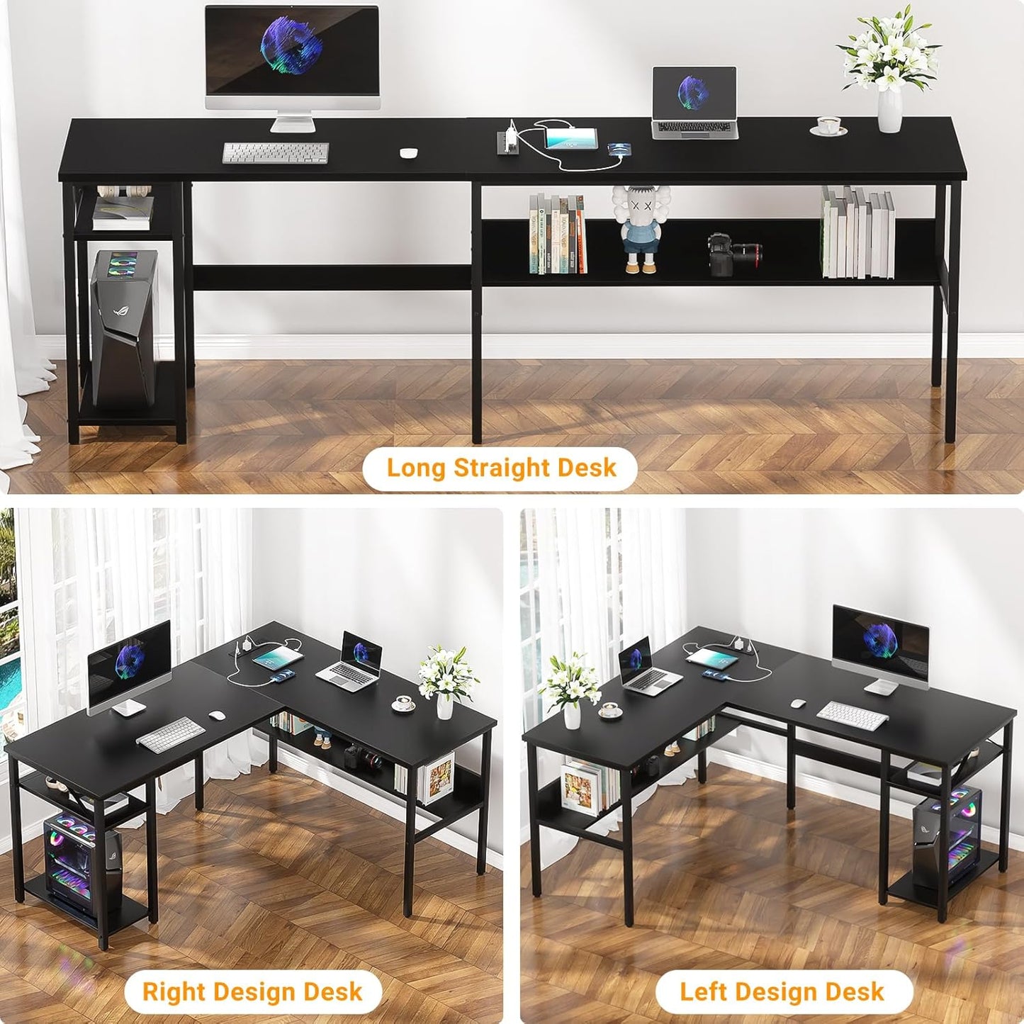 Reversible L Shaped Computer Desk with Magic Power Outlet, Sturdy Office Corner Desk, L Shape Gaming Table with Storage Shelf, Black