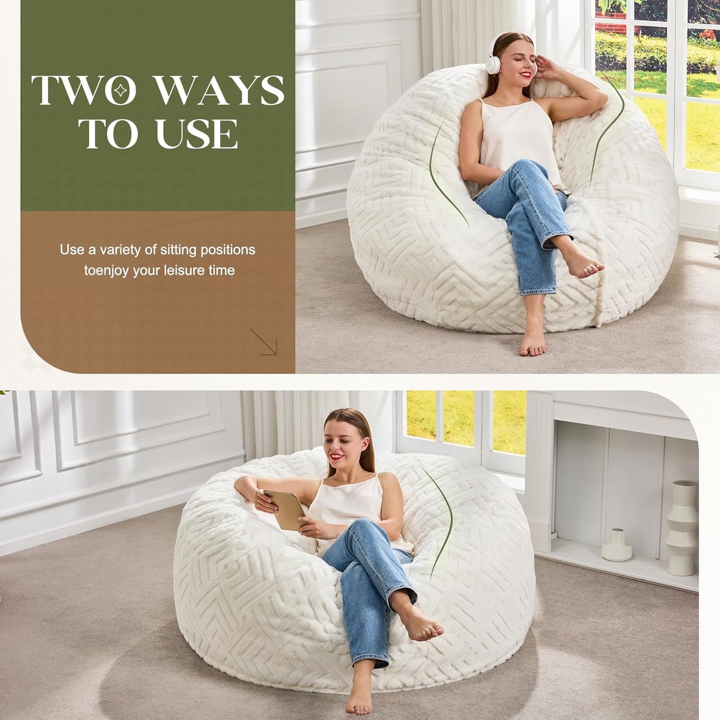 Hobestluk Bean Bag Chairs Adults Beanbag Chair with Filler Large Bean Bags with Fluffy Embossed Cover, Giant Bean Bag Chairs for Adults (White, 4FT - 44” x 44” x 24”)