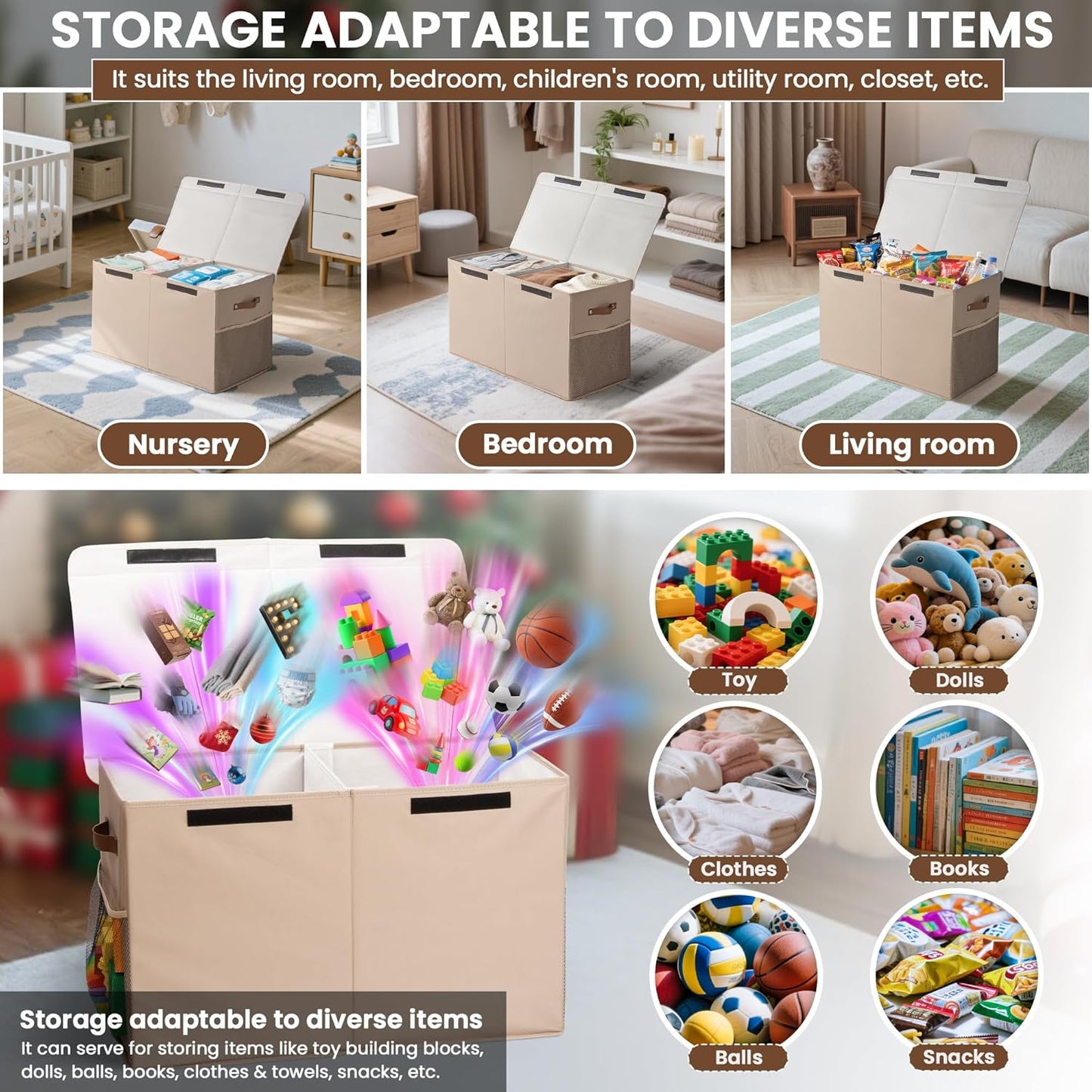 80L Large Toy Storage Box with Lid, Large Toy Box Chest for Kids, Girls and Boys, Nursery Room and Living Room, 26"x13" x16"- Dark Khaki