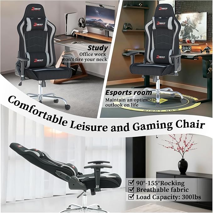 Ergonomic Fabric Gaming Chair with Footrest and Lumbar Support Racing Office Chair Adult-Specific Computer Gaming Chair Wrinkle-Resistant.(1005-gray)