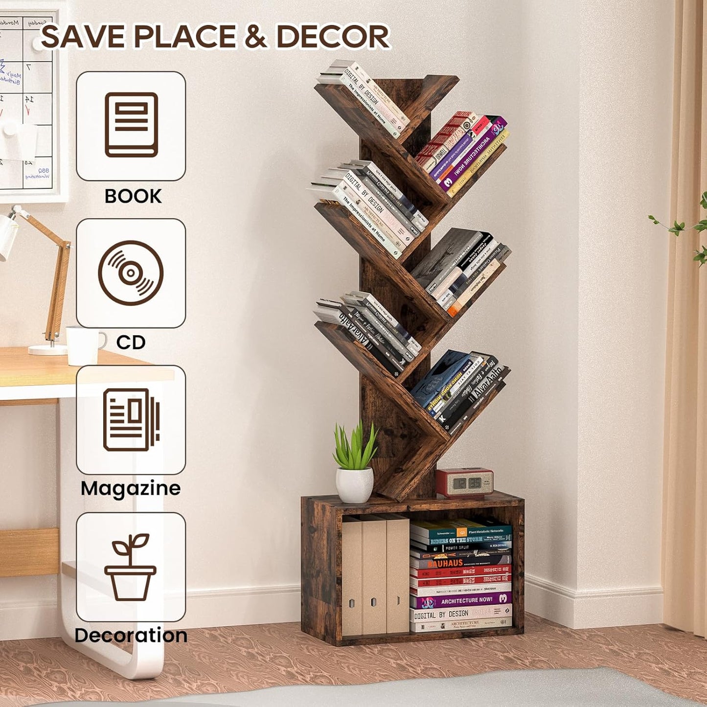6 Tier Tree Bookshelf, Sturdy Retro Floor Standing Wood Bookcase, Storage Rack for Home Office, Living Room, Bedroom, Reading Spot, Heavy Book Organizer Shelves for CDs/DVDs/Movies