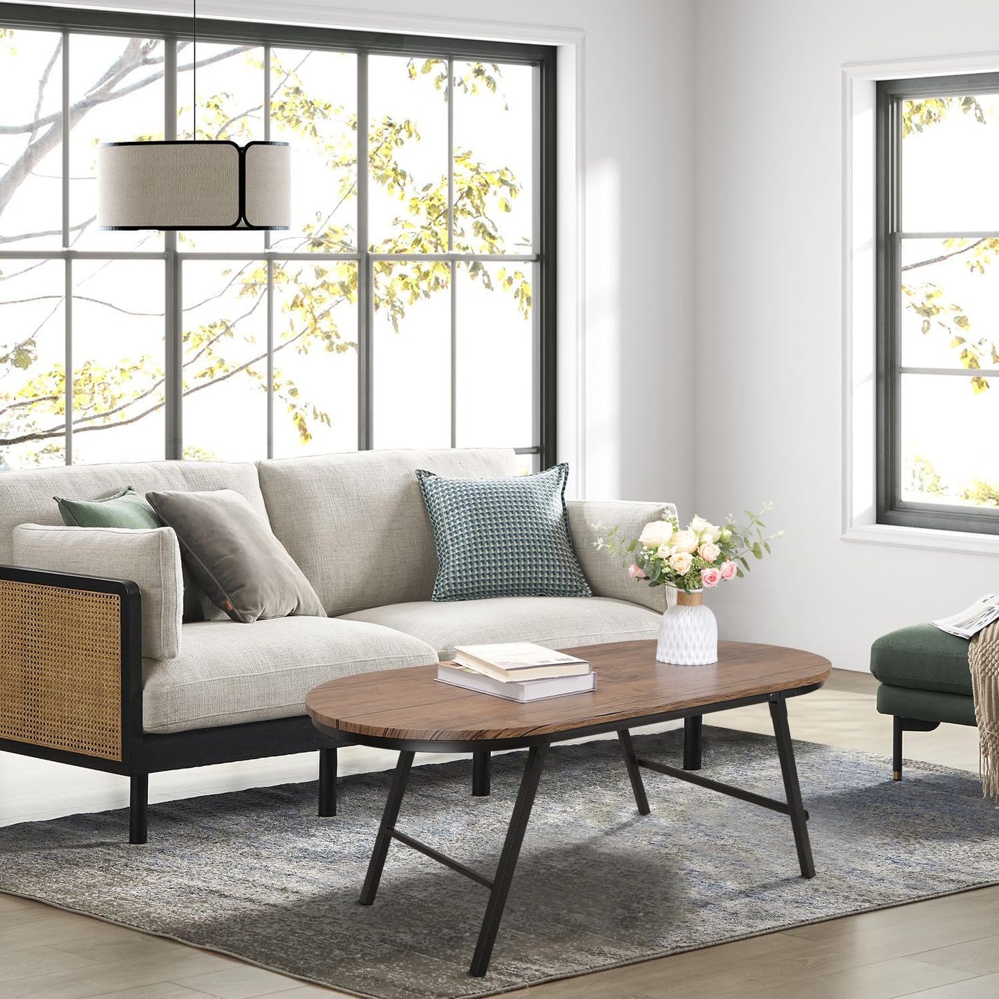 Folding Coffee Table for Small Spaces Wood and Metal Oval Coffee Table Portable Low Coffee Tables for Living Room, Home, Office, Light Brown