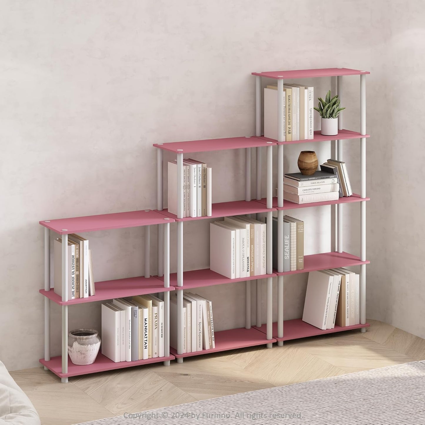 Furinno Turn-N-Tube Multipurpose Shelf / Display Rack / Storage Shelf / Bookshelf, 5-Tier Round Tube, Pink/White