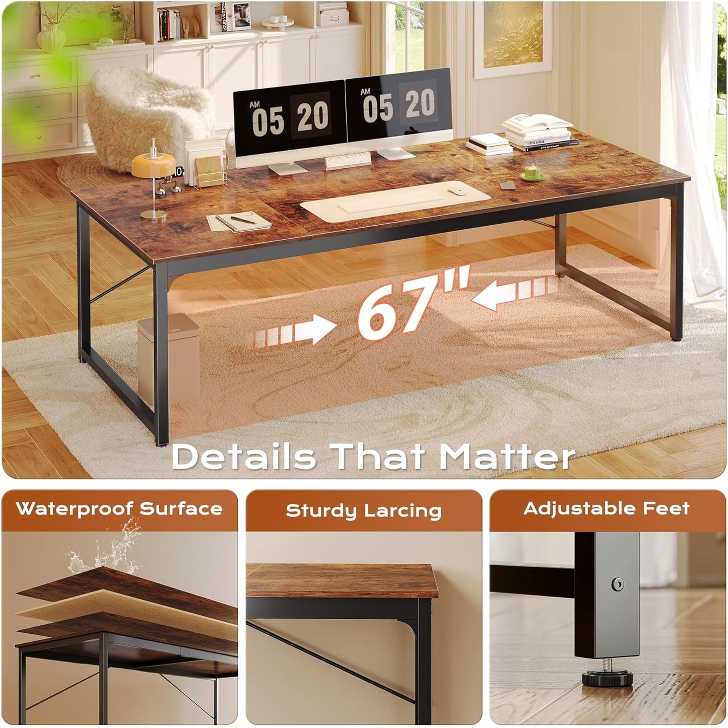 PRAISUN 70.8 X 29.5 Inch Computer Desk with Deeper Desktop, Gaming Office Writing Work Desk for Home Office, Study, Bedroom, Work from Home, Metal Frame, Rustic Brown