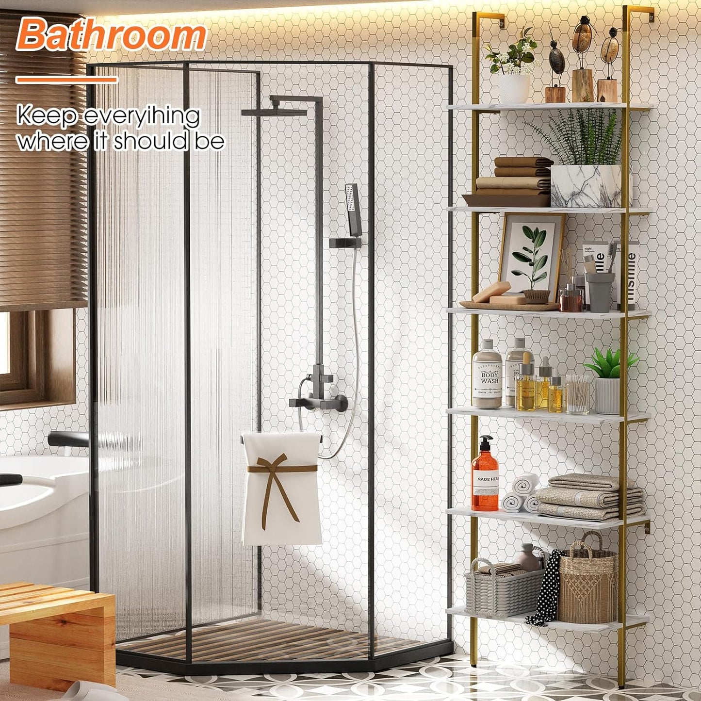 Ladder Shelf 6 Tiers Marble White Modern Bookshelf Open Tall Wall Mount Bookcase Standing Leaning Wall Shelves Industrial Decorative Living Room Bed Room
