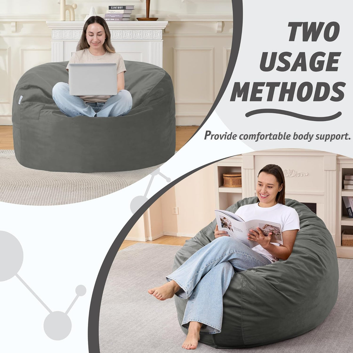 3FT Bean Bag Chair with Ultra Soft Velvet Cover Bean Bag Sofa with Memory Foam Bean Bag Chairs with Large Size Lazy Sofa for Dorm Office Living Room Bedroom Light Grey 3'