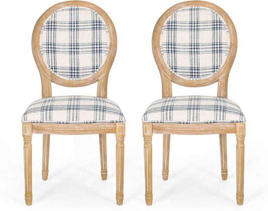 Christopher Knight Home Phinnaeus Dining Chair Set, Set of 2, Fabric, Dark Blue Plaid + Natural