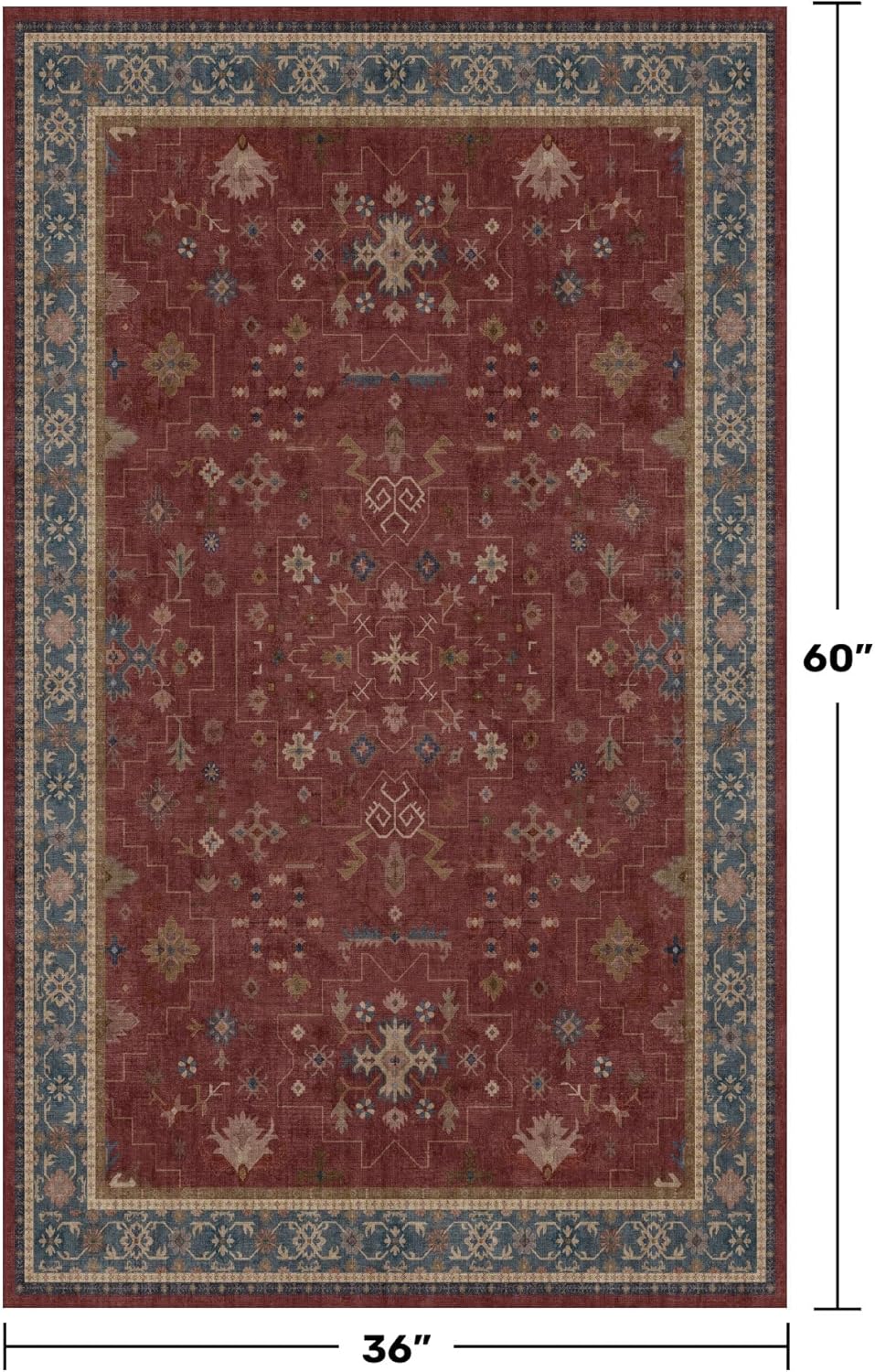 Washable 3x5 Entry Way Rugs Indoor - Burgundy Large Kitchen Rug, Non Slip Unique Bohemian Red Low Pile Thin Carpet for Bedroom Bedside, Foyer