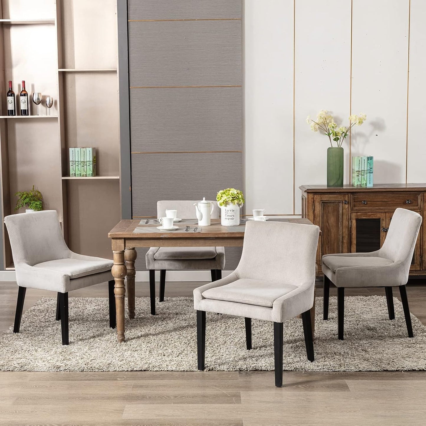 COLAMY Modern Dining Chairs Set of 6, Upholstered Corduroy Accent Side Leisure Chairs with Mid Back and Wood Legs for Living Room/Dining Room-Beige