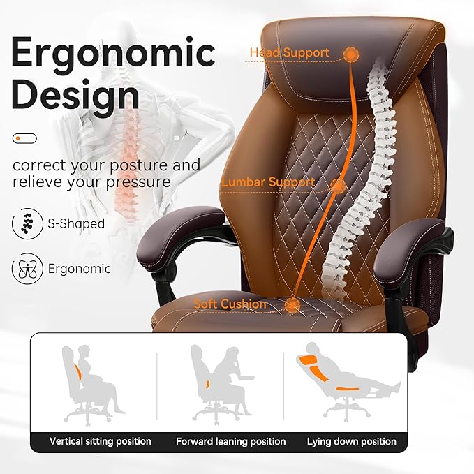 Office Chair, Executive Leather Chair Adjustable High Back, Ergonomic Computer Desk Chair Lumbar Support, Big and Tall Office Chair with Footrest, Comfy Reclining Chair for Home Office