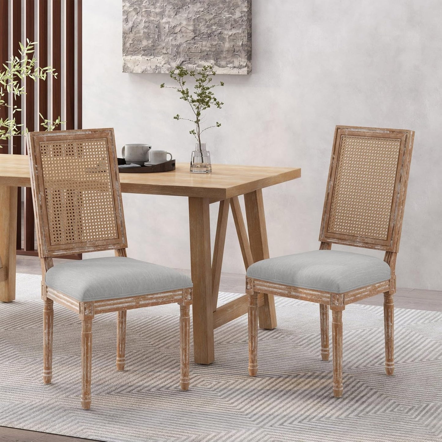Merax Upholstered Solid Wood Dining Chairs Set of 2, French Country Style Accent Side Seating Furniture for Kitchen, Living Room, Wicker Back, Light Grey