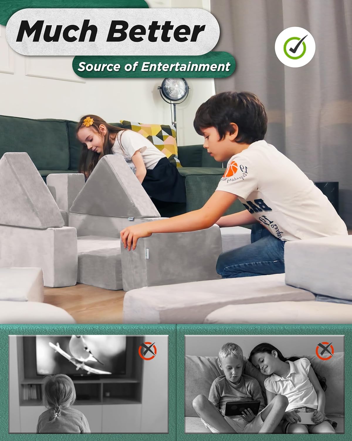 Lunix LX22 11pcs Modular Kids Play Couch, Child Sectional Sofa, Fortplay Bedroom and Playroom Furniture for Toddlers, Convertible Foam and Floor Cushion for Boys and Girls, Gray