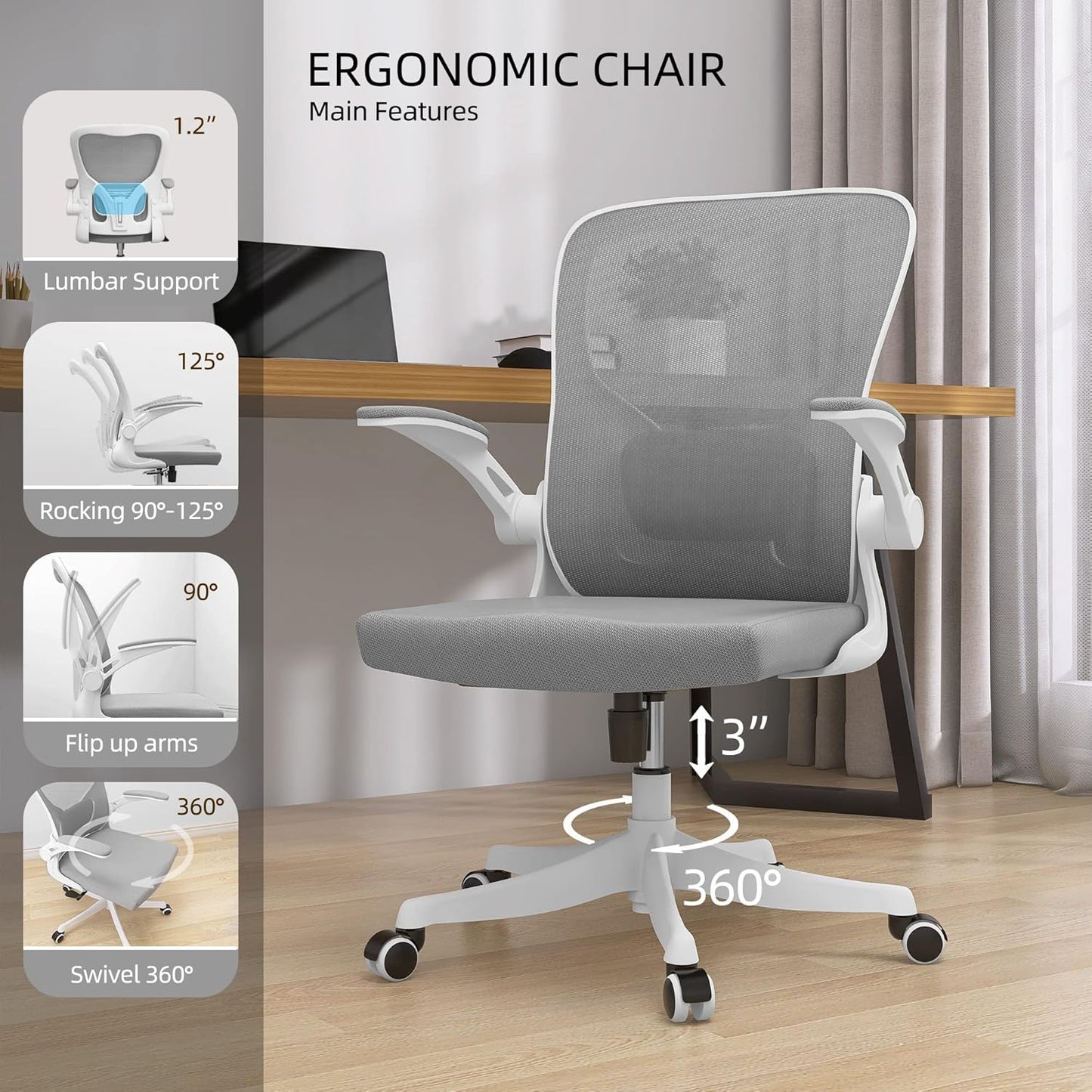 Monhey Office Chair Ergonomic Desk Chair with Lumbar Support&Headrest&Flip-up Arms Height Adjustable Rocking Swivel High Back Computer Chair Warm Taupe Mesh Study Chair (01White+Gray)