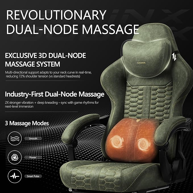 Dowinx Gaming Chair for Adults with Dual-Point Massage, Ergonomic Racing Style Game Chair Footrest, High Back Computer Chair 360° Swivel for Office,400LBS, Green