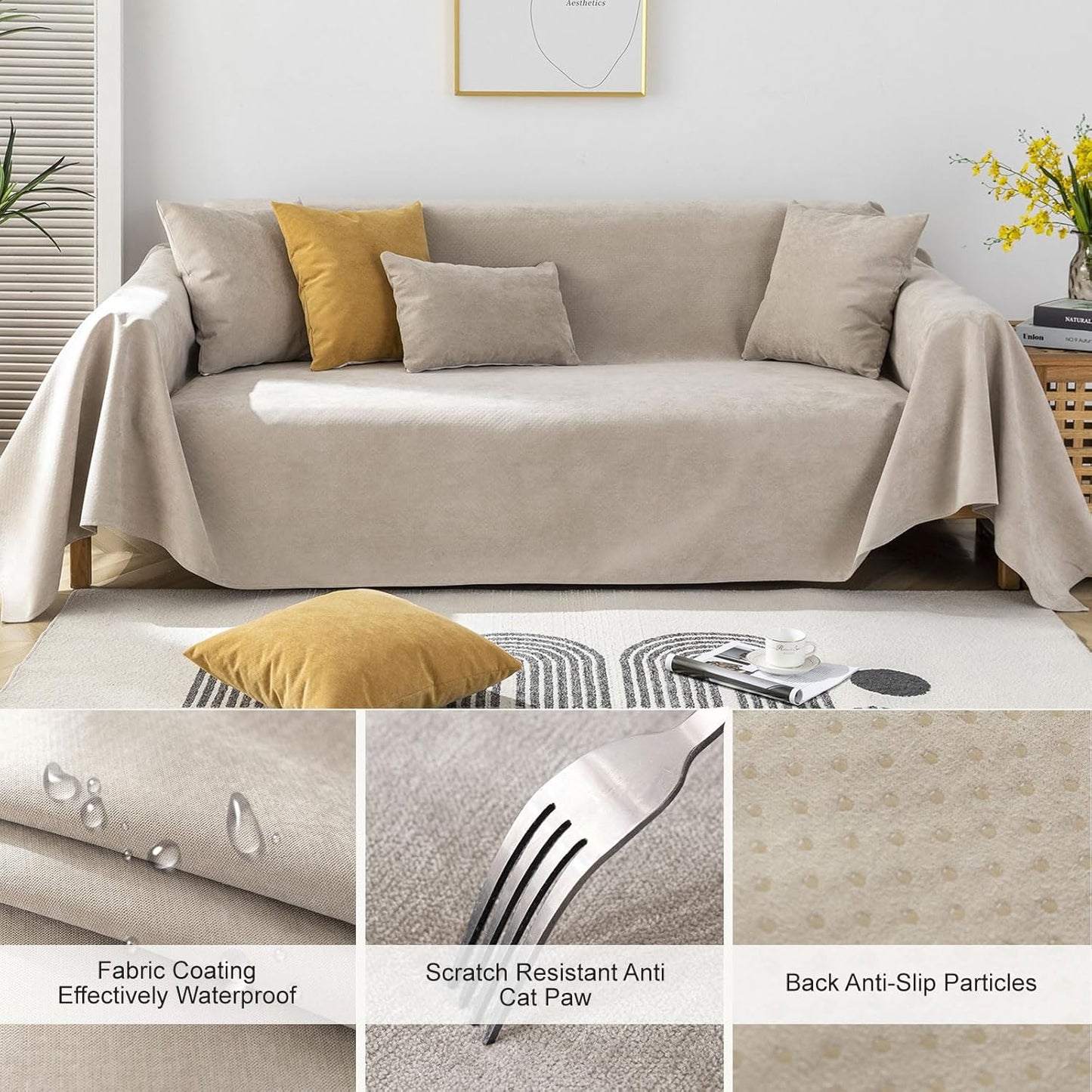 STACYPIK Waterproof Anti-Cat Scratch Couch Covers, Beige Sofa Covers for Dogs, Non-Slip Couch Covers for 2 Cushion Couch, Washable Love Seat for Sectional, Furniture Protector Sofa Slipcover-71X90IIN