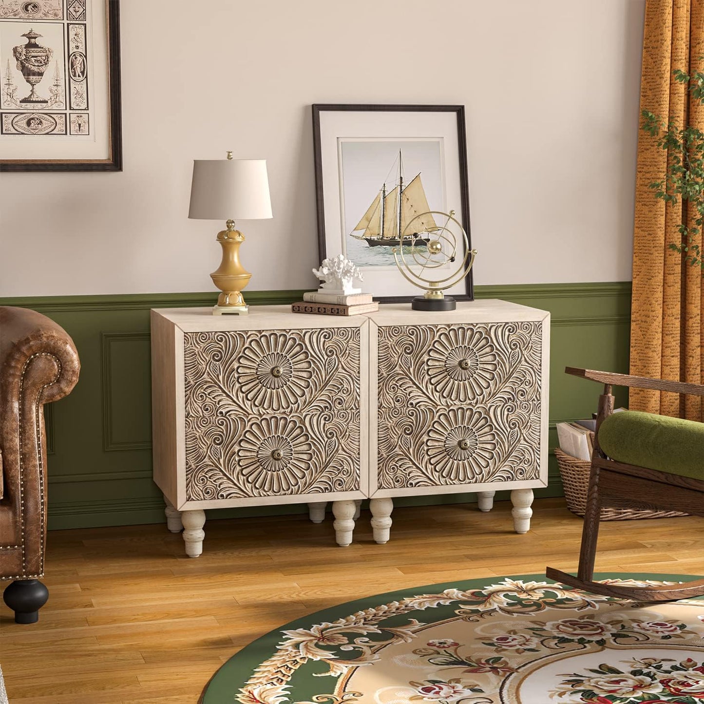 COSIEST 2 Pieces Nightstand, 14" D x 18" W x 21.5" H MDF End Table with 2 Drawers, Vintage Style Wood Bedside Table, Bedroom Accessories for Home, Office, College Dorm