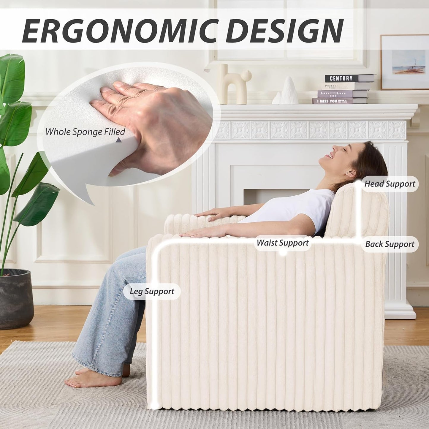 Giant Bean Bag Chair for Adults, Non-Slip Floor Sofa with High Backrest & Wider Armrest, Upgrade Whole Sponge Bean Bag Sofa Couch for Bedroom Living Room(Large,Beige,Stripe Plush)