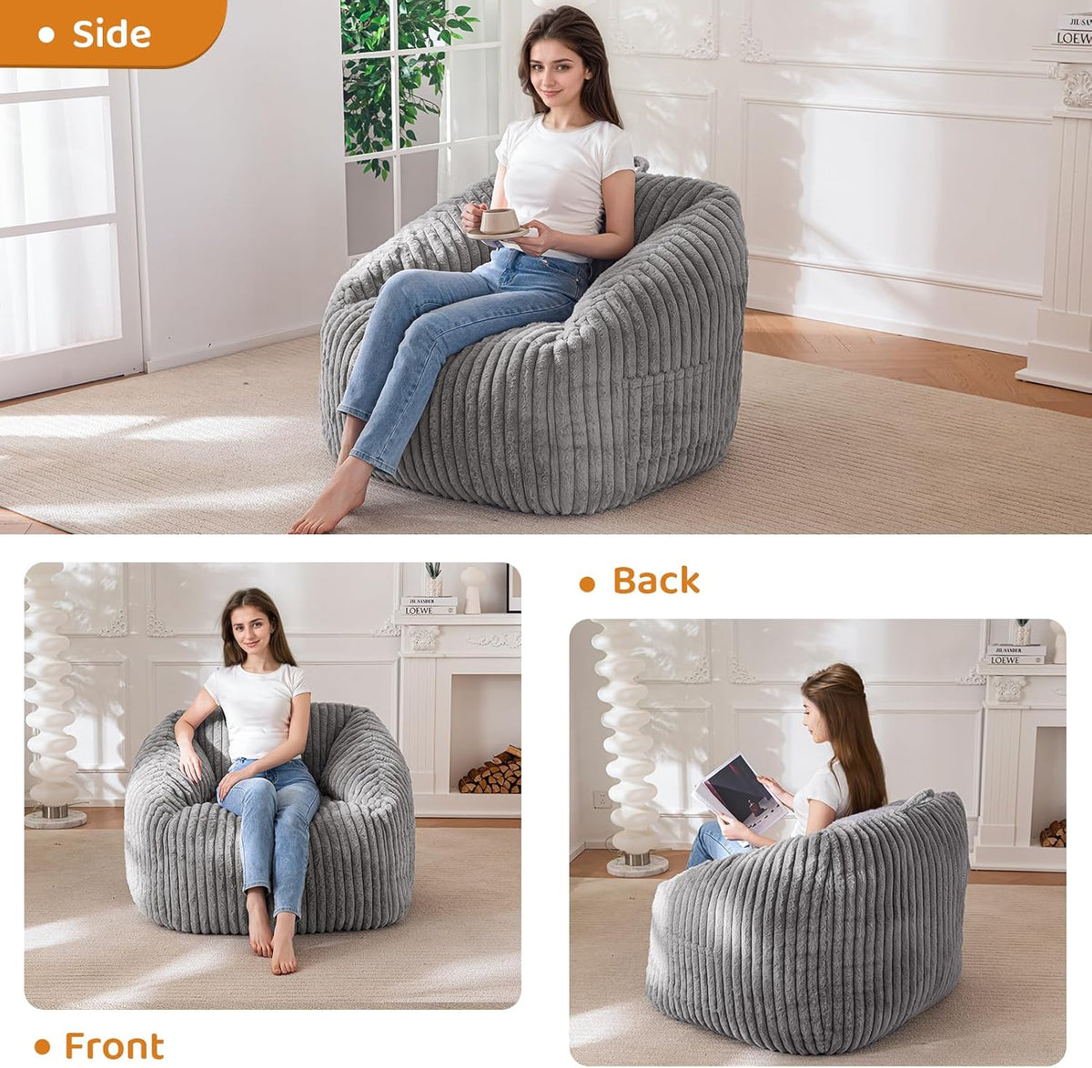 BYBYME Giant Bean Bag Chair for Adults and Kids, Large Comfy Cozy Beanbag, Floor Sofa for Teens, Living Room, Gaming, Reading, Grey