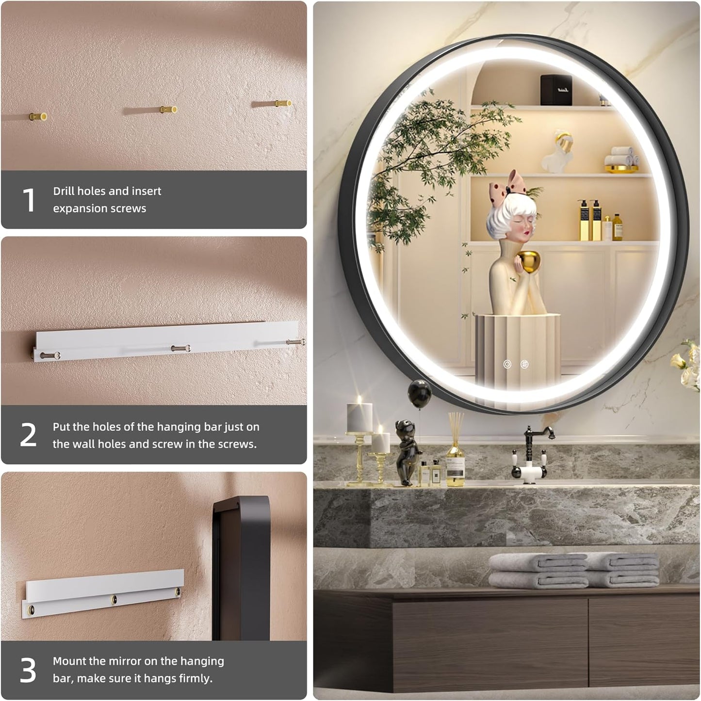 Hasipu 24 Round LED Mirror for Bathroom with Lights, Black Circle Vanity Mirror for Wall, Metal Framed Frontlit Bathroom Mirrors Anti-Fog, Dimmable, 3 Colors Makeup Mirror Wall Mounted