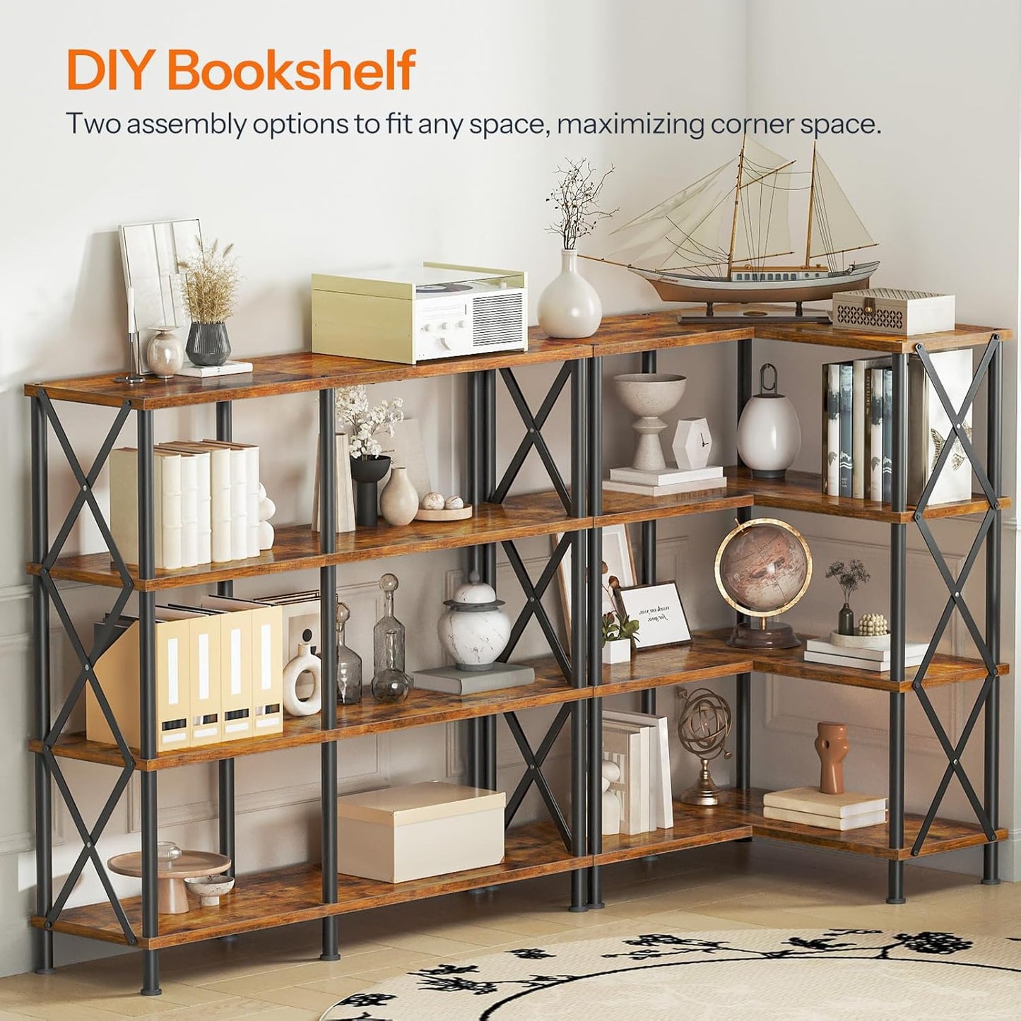 HOOBRO Corner Bookshelf, 4-Tier L-Shaped Bookcase, Industrial Open Display Shelf Tall Storage Organizer, Vertical Storage Rack, for Living Room, Home Office, Rustic Brown and Black BF59SJ01