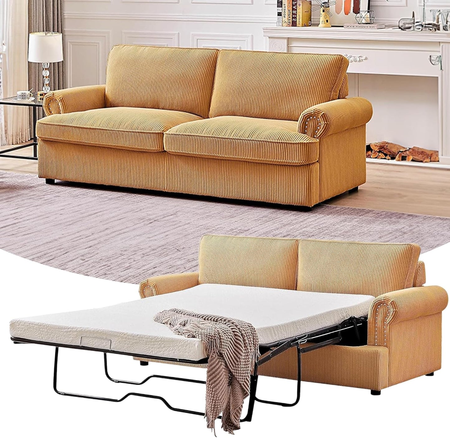 Reversible Sleeper Sofa Bed with Comfortable Memory Foam Mattress, Convertible Corduroy Full Size Pull Out Couch for Living Room, Space Saving Furniture, 72" Wide, Rounded Arms, Ginger