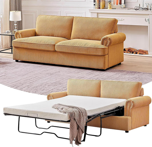 Reversible Sleeper Sofa Bed with Comfortable Memory Foam Mattress, Convertible Corduroy Full Size Pull Out Couch for Living Room, Space Saving Furniture, 72" Wide, Rounded Arms, Ginger
