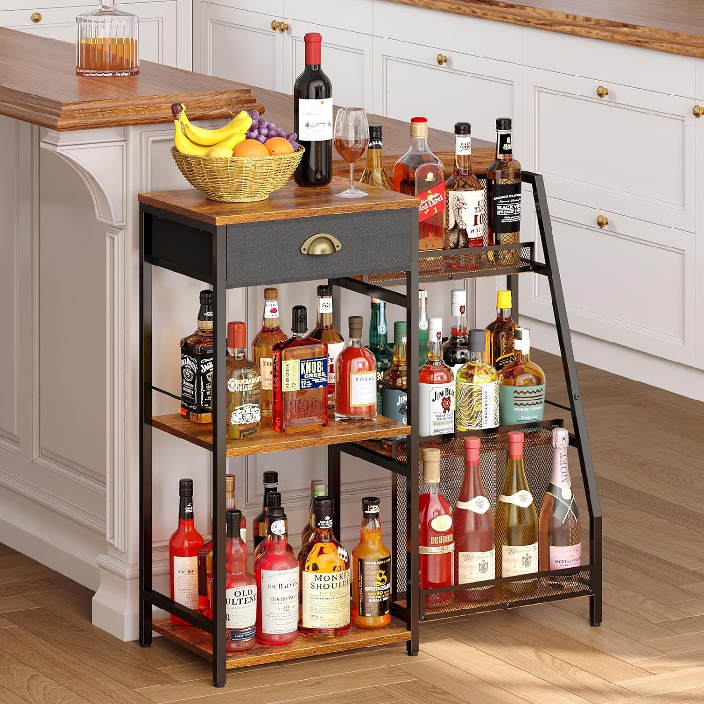 Liquor Cabinet Bar for Home with Drawer, 3-Tier Wine Rack Freestanding Floor and Wine Shelf with Step Design for Whiskey, Spirits, Vintage Mini Bar for Kitchen Apartment