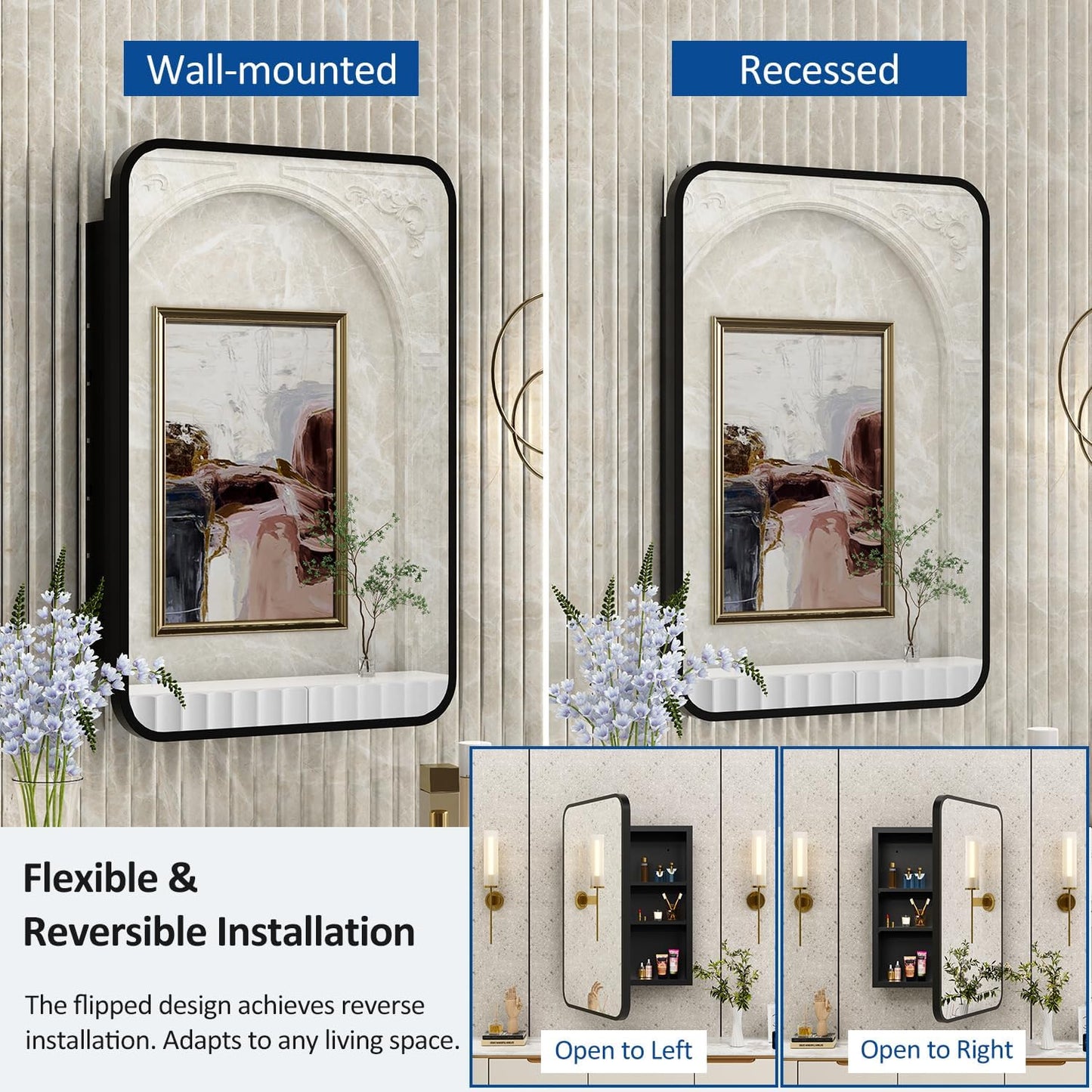 24x30 Inch Bathroom Medicine Cabinet with Mirror Black Metal Framed Farmhouse Recessed or Surface Wall Mounted Black Medicine Cabinets for Bathroom