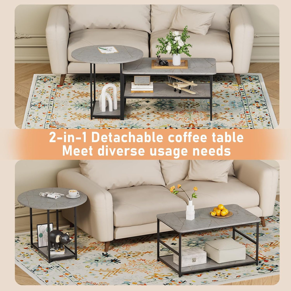 WOHOMO Coffee Table, Modern Style Coffee Tables for Living Room Marble Center Table with Storage 2 in 1Detachable Table Set,Grey Marble