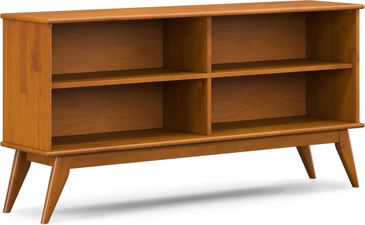 SIMPLIHOME Draper Bookcase - 30 inch Tall Solid Hardwood Low Bookshelf in Teak Brown, Mid-Century Modern Storage for Living Room, Study Room or Office with Tapered Legs and Wide Open Shelves
