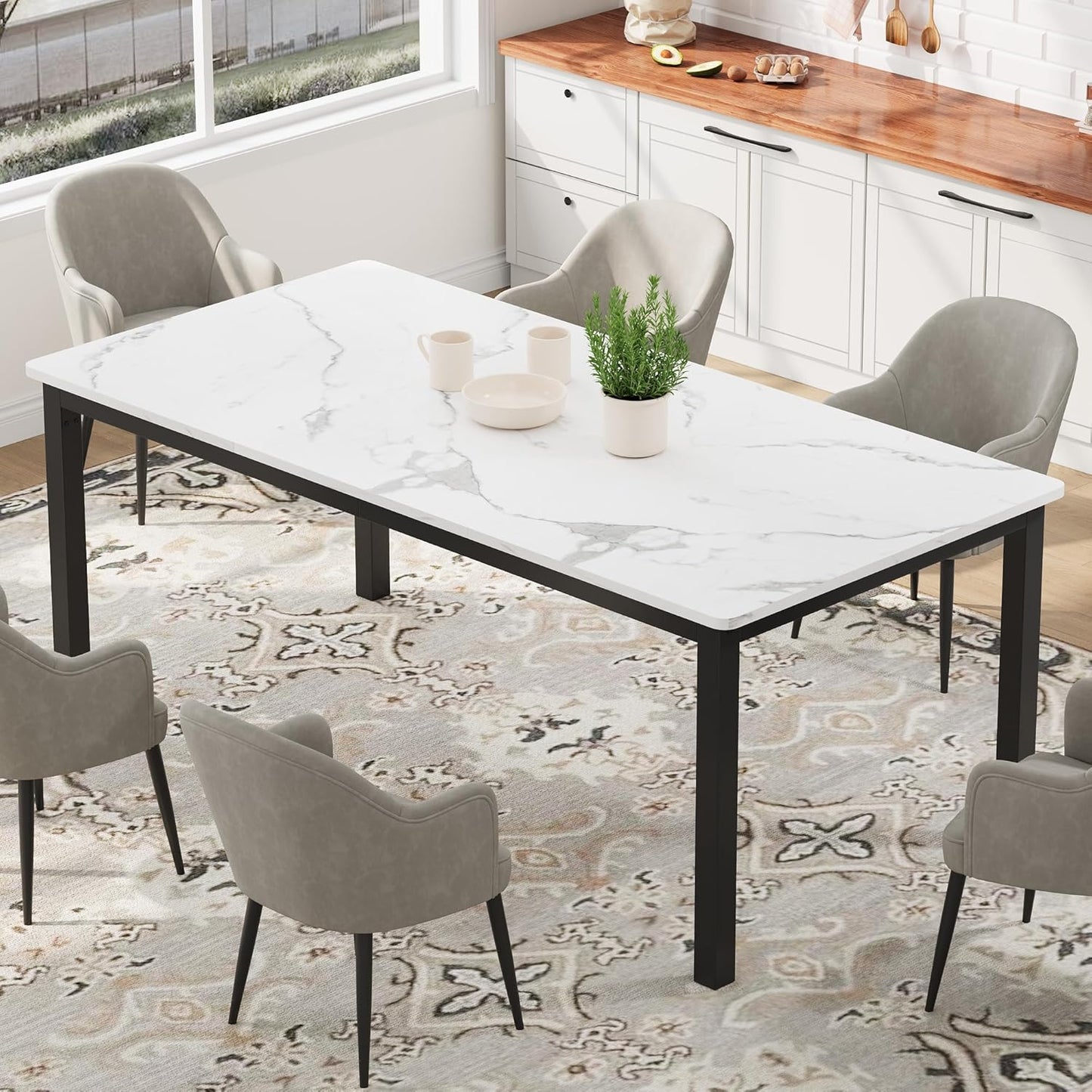 GarveeHome 70.8in Industrial Dining Table for 6, Wooden Long Dinner Table with Mortise Tenon Design, Kitchen Table with Sturdy Metal Legs, for Dining Room Home Office Living Room, White