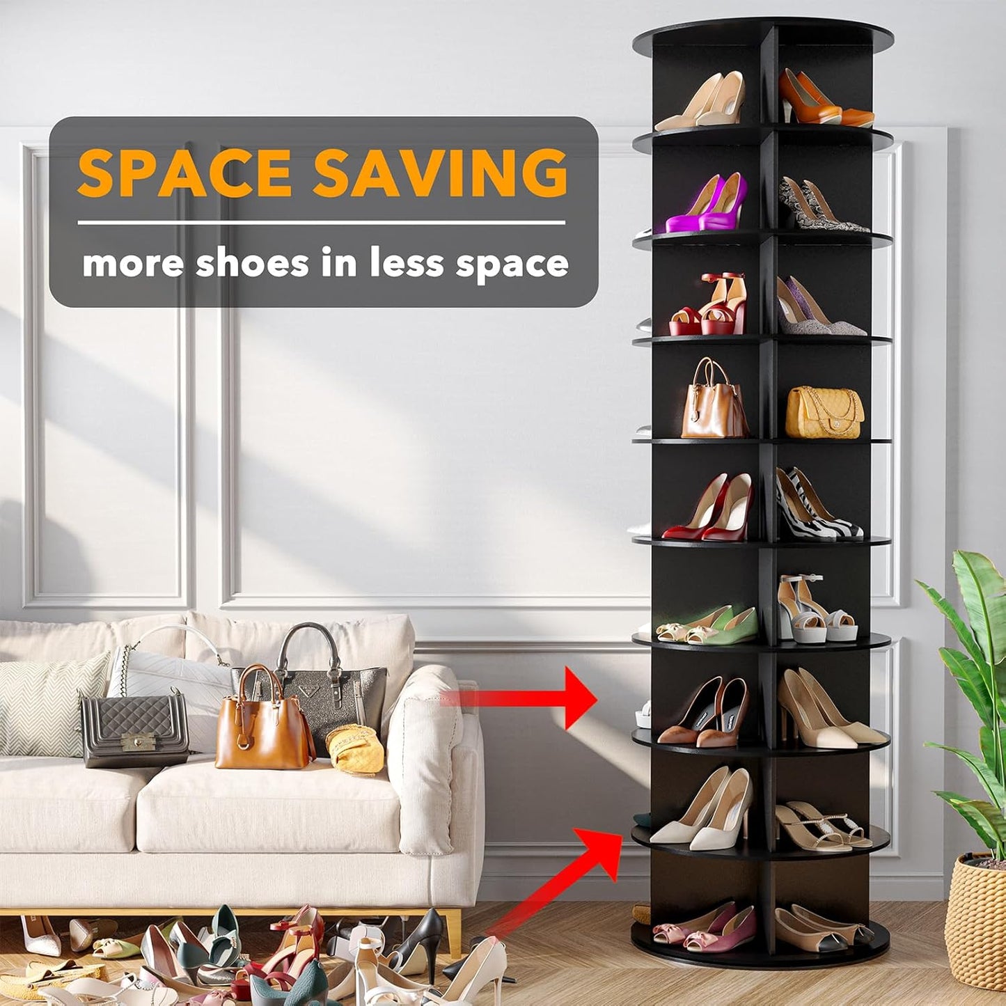 SpaceAid 9 Tier Rotating Shoe Rack Tower, Spinning Shoe Display Lazy Susan, Revolving 360 Shoe Rack Storage Round Carousel, Vertical Handbag Rotate Shoes Closet Organization (9-Tier Black)