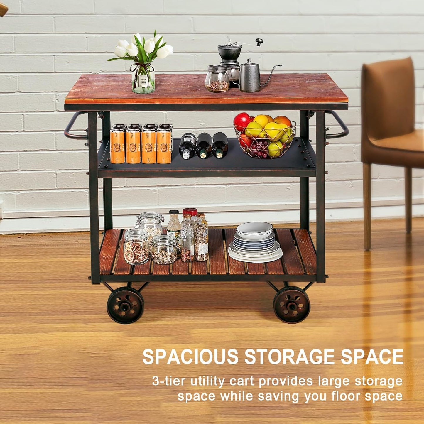 Farmhouse Mobile Cart with Wheels for Home Kitchen Industrial Rolling Food Cart Outdoor Vintage Wood and Metal Design Utility Cart in Office Coffee House 3 Tier with 2 Side Handle