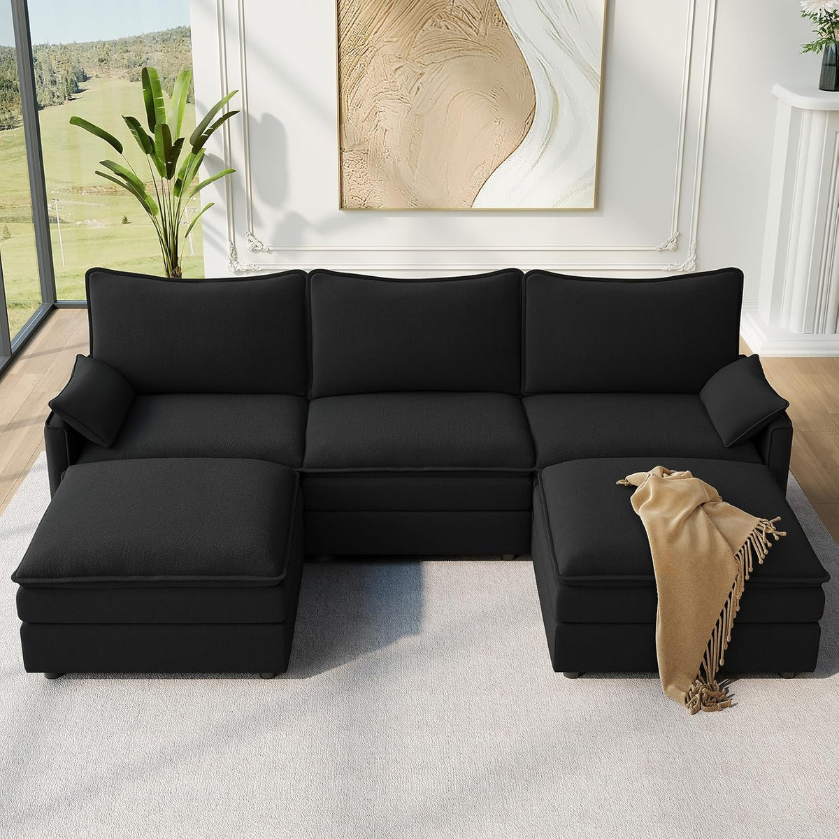 Vesgantti 108" U Shaped Sectional Couch, Comfy Cloud Modular Sectional Sofa with 2 Ottoman Deep Seat Chenille Modern Cloud Sofa, Modular Sofas for Living Room, Bedroom and Apartment, Black