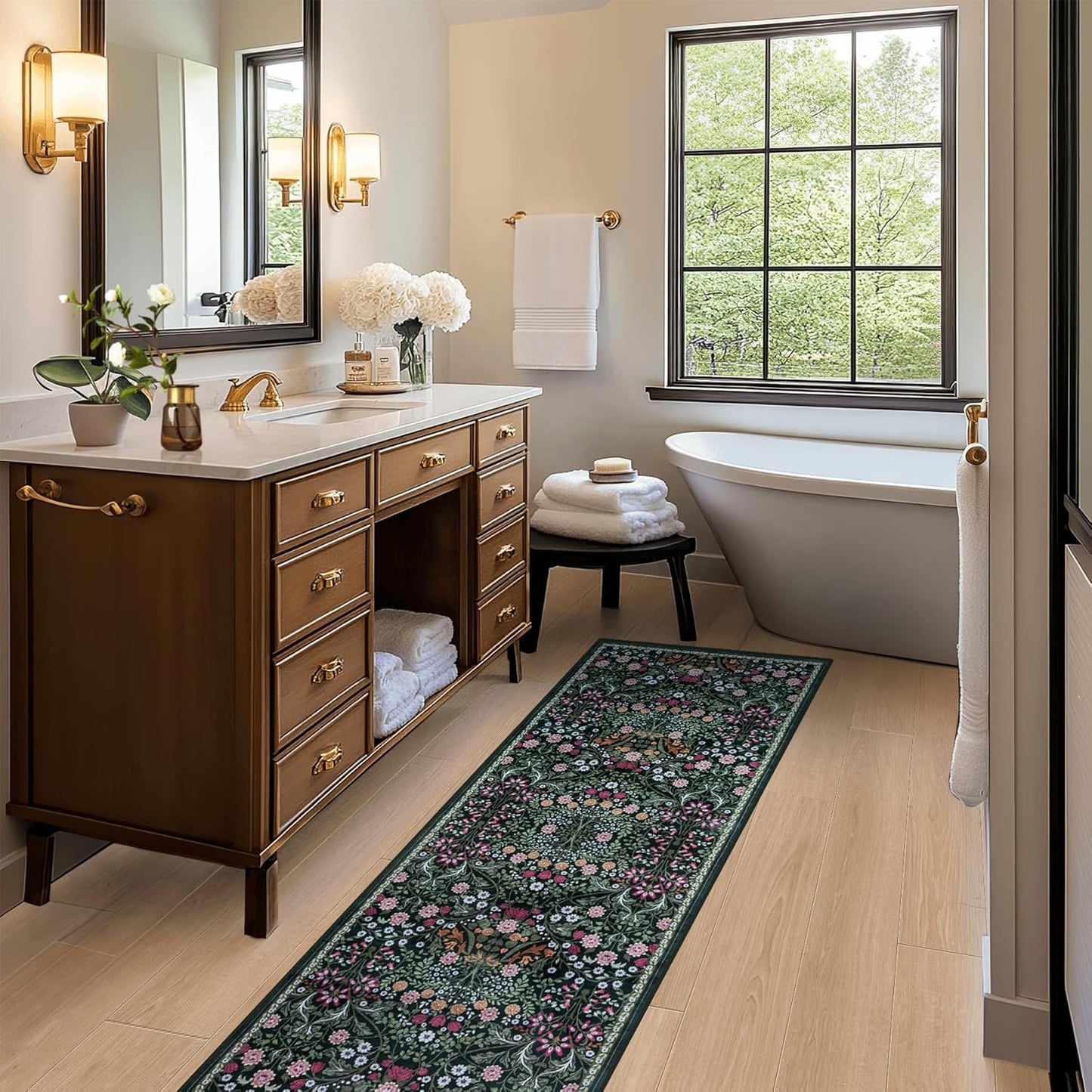 Runner Rug for Entryway: 2.6x8 Kitchen Rugs Non Slip Washable Ultra-Thin Soft Floral Carpet Indoor Floor Stain Resistant Carpets for Hallway Bedroom Kitchen Laundry Bathroom Dorm Dark Green