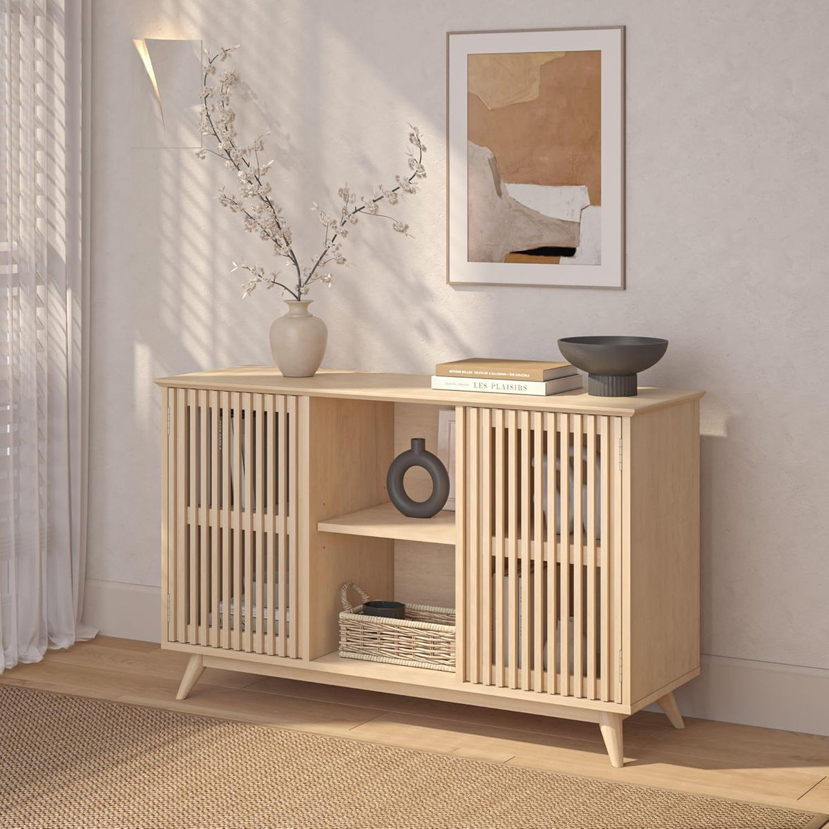 Plank+Beam Mid-Century Modern Wood TV Stand, Solid Wood Entertainment Console with Storage, 49" L x 16" W x 30" H, Blonde